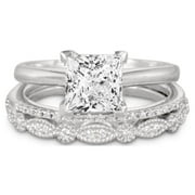 JeenMata 2 Carat Princess Wedding Ring Set, Sterling Silver